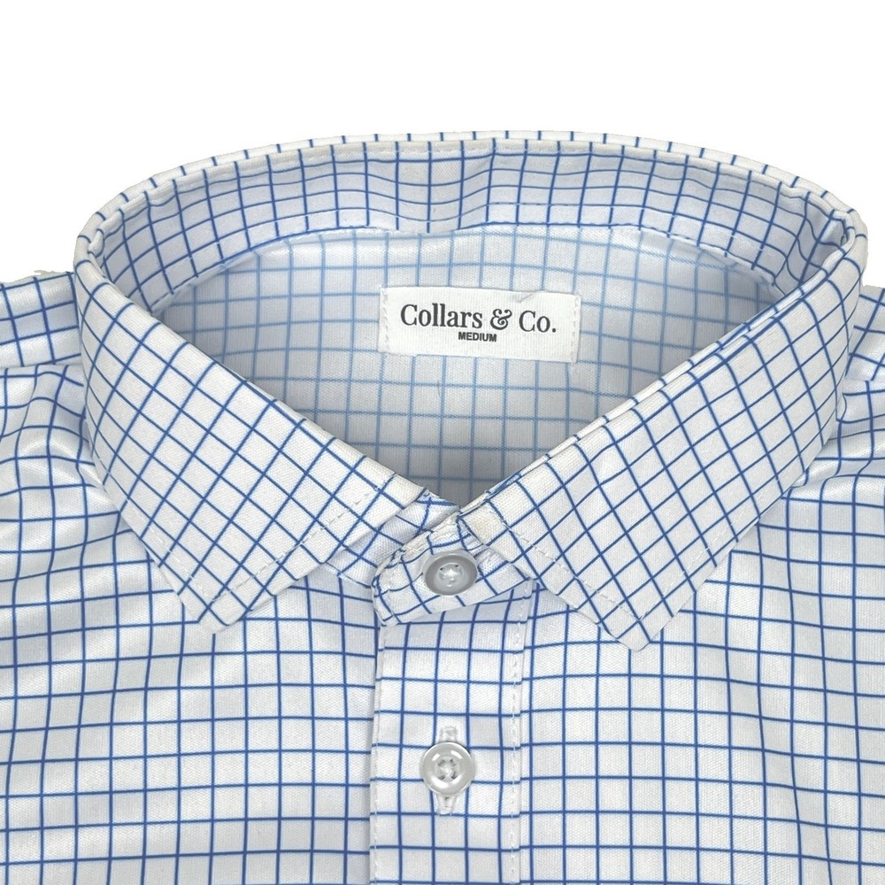 Collars and Co Dress Collar Polo Mens M White Blue Check Stretch Collars & Co